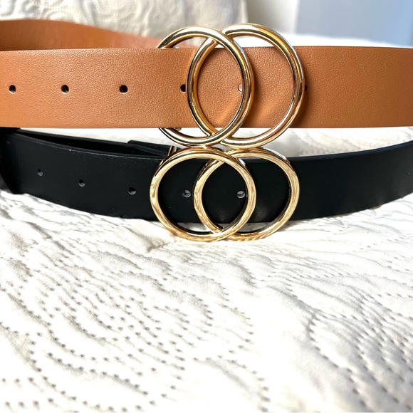 Plus Size Belt 22 24 Double Ring Design Tan Black Set of 2 - Picture 1 of 3